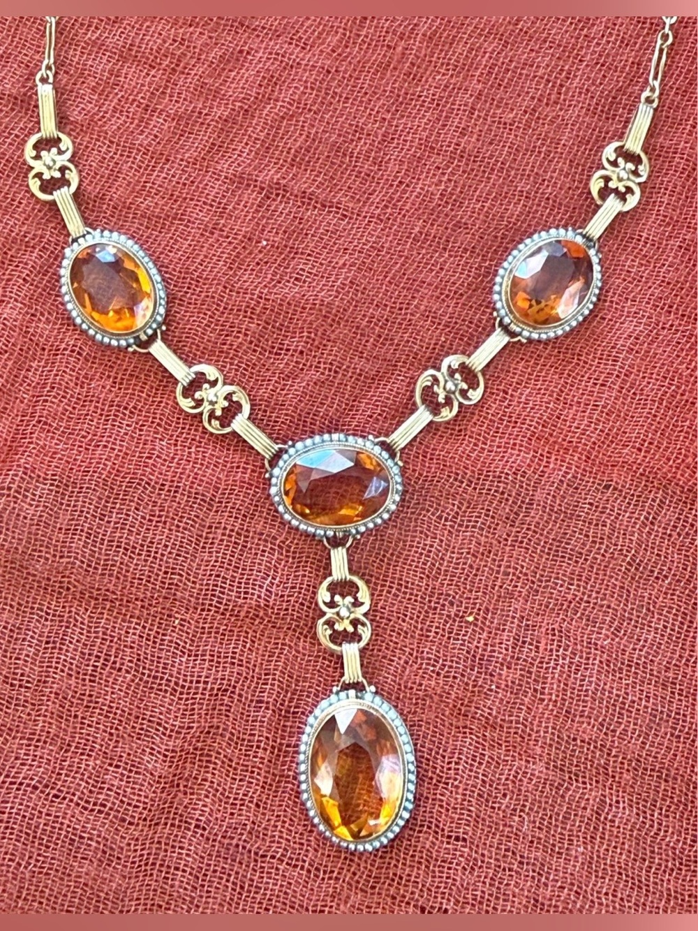 Edwardian 14kt Citrine & seed pearl necklace .